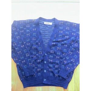 Vintage 90s Med-Large Navy Jantzen Men's Cardigan Rainbow Sweater Preppy Grandpa